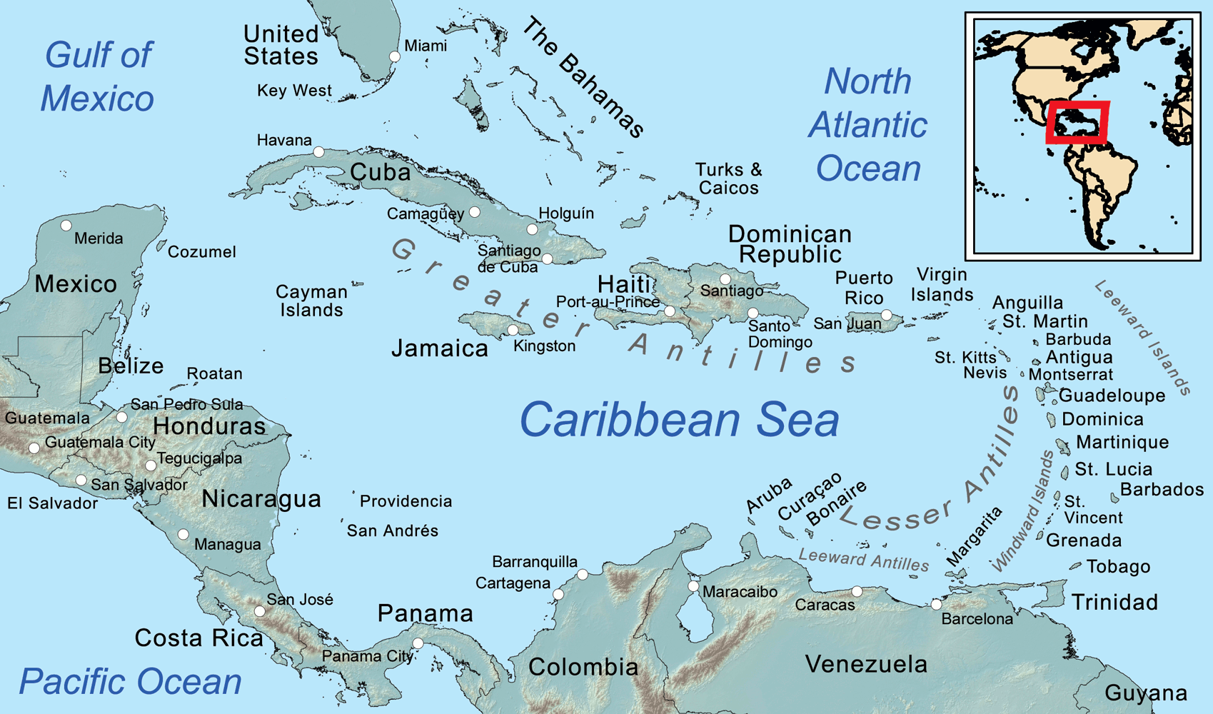 Map of the Caribbean archipelago — the Greater and Lesser Antilles, the Bahamas, Turks and Caicos and Guyana
